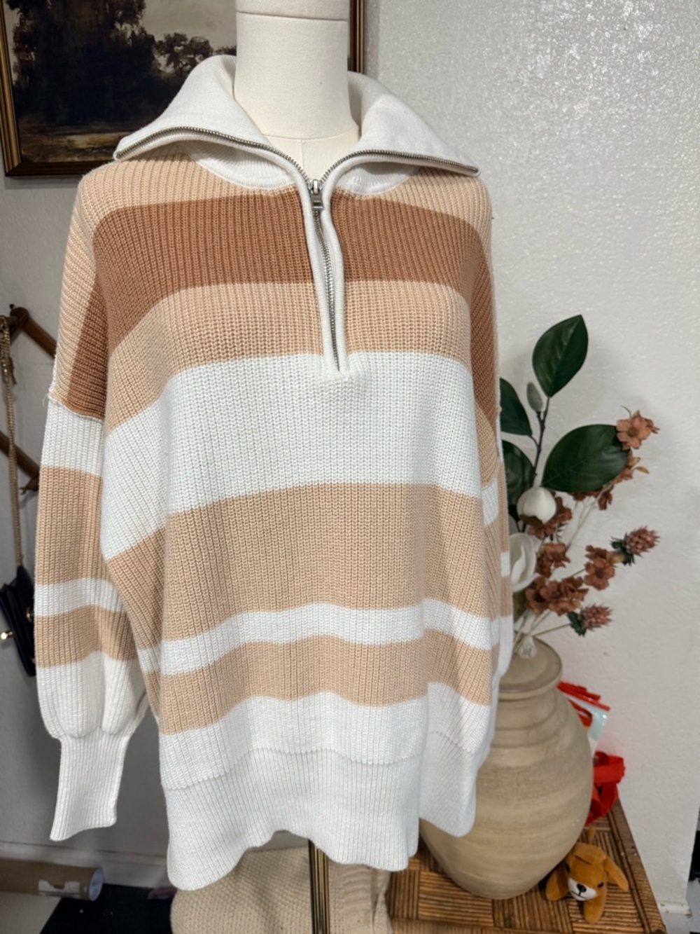 aerie Striped Half-Zip Pullover Sweater - Cream & Tan